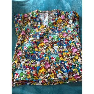 Nintendo Super Mario Bros Character Print V-Neck Scrub Top Multicolor Medium